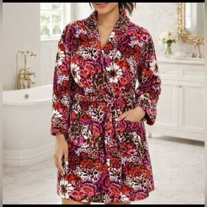 Vera Bradley Rosewood Plush Floral Fleece Robe L/XL Cozy Soft Lounge Luxury Pink
